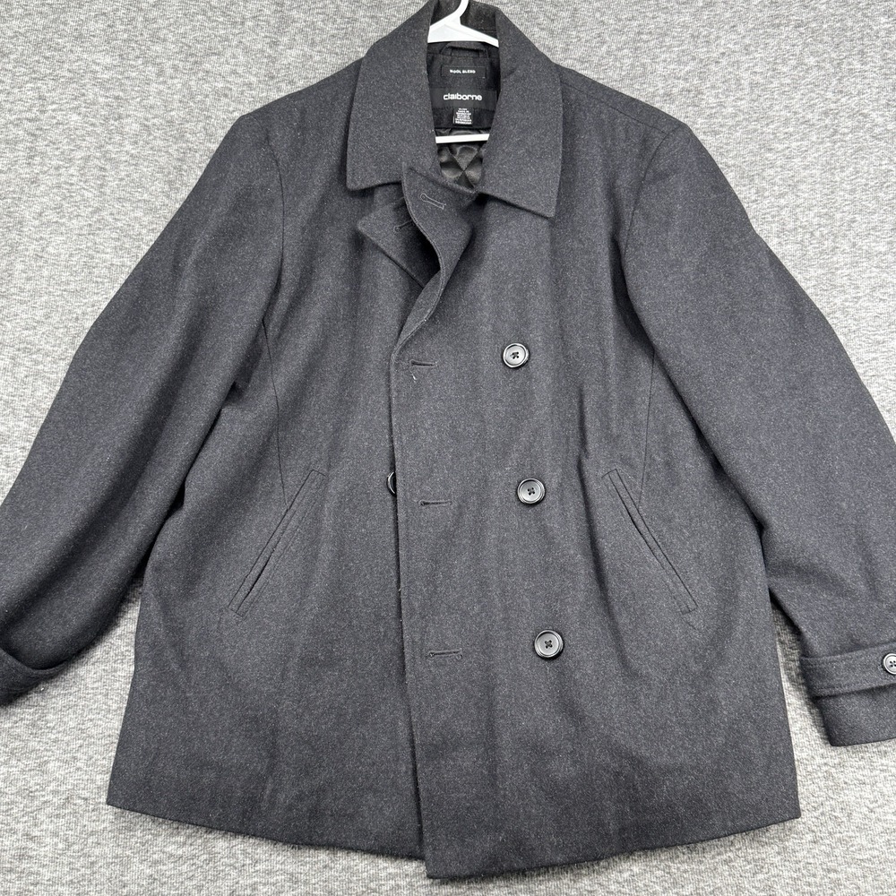 Claiborne Mens Wool Blend Double Breasted Pea Coat Size XL Charcoal Peacoat